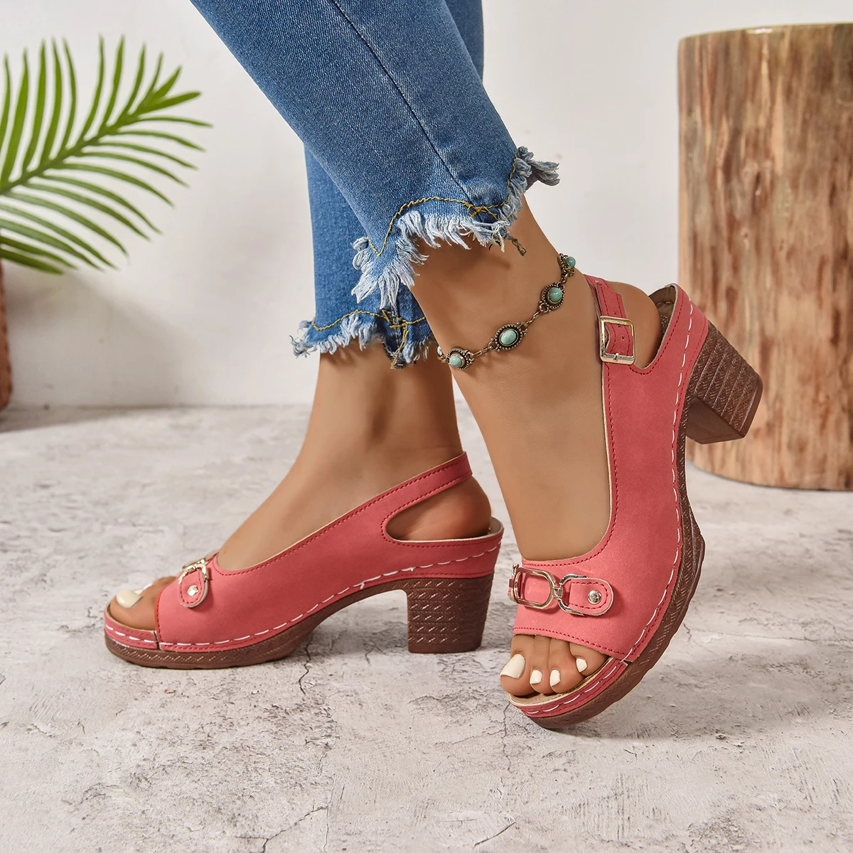 

Женские металлические декоративные босоножки на толстом каблуке, летние модные повседневные удобные босоножки на высоком каблуке больших размеров Sandalias De Mujer