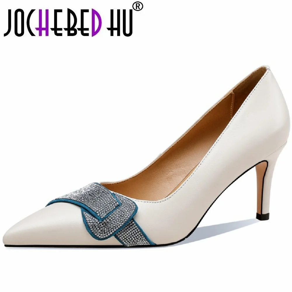 【JOCHEBED HU】Pointy stilettos for Spring Autumn Women Genuine Leather shallow-cut Single Crystal Drill studded femininity 33-42