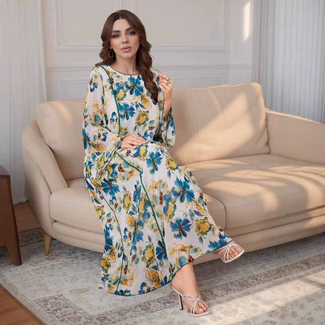 Ramadan Middle East Saudi Arabia plus size women's robe Islamic fashion nail bead chiffon print loose casual trumpet sleeve dres