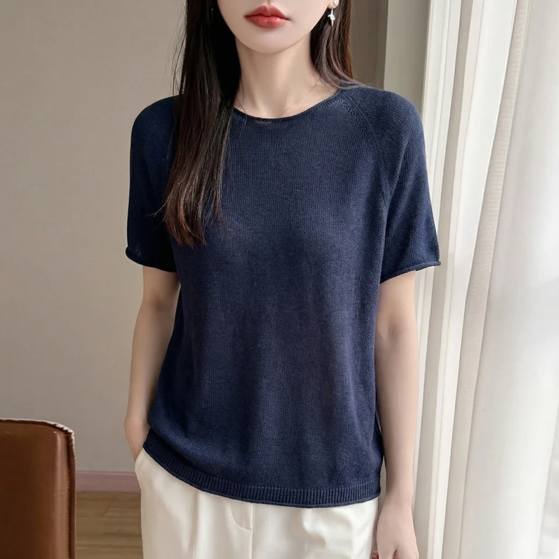 High-end linen knitted cashmere short sleeve T-shirt women's half sleeve bottoming first-line T-shirt