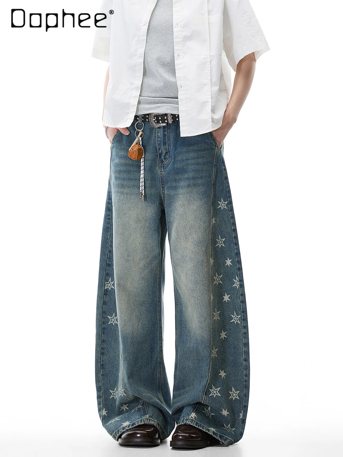 Spring Autumn New Arrival Men's American Style Deconstructed Star Print Washed Wide Leg Jeans Retro Loose Denim Streetwear Pants