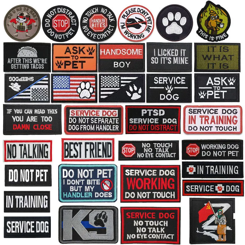 Service Dog Embroidery Velcro Patches Guide Dog Paw Print Hook & Loop Badges Pet Slogan Fabric Stickers Personalized Accessories