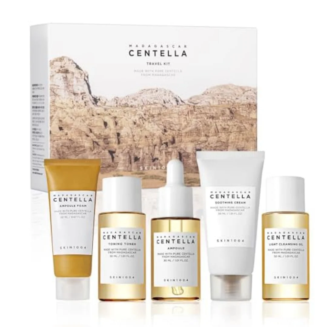 Set de Viaje SKIN1004 Madagascar Centella de 5 Piezas: Aceite Limpiador, Tónico, Ampolla, Crema, Protector Solar, Cica Calmante, Cuidado de la Piel Coreano
