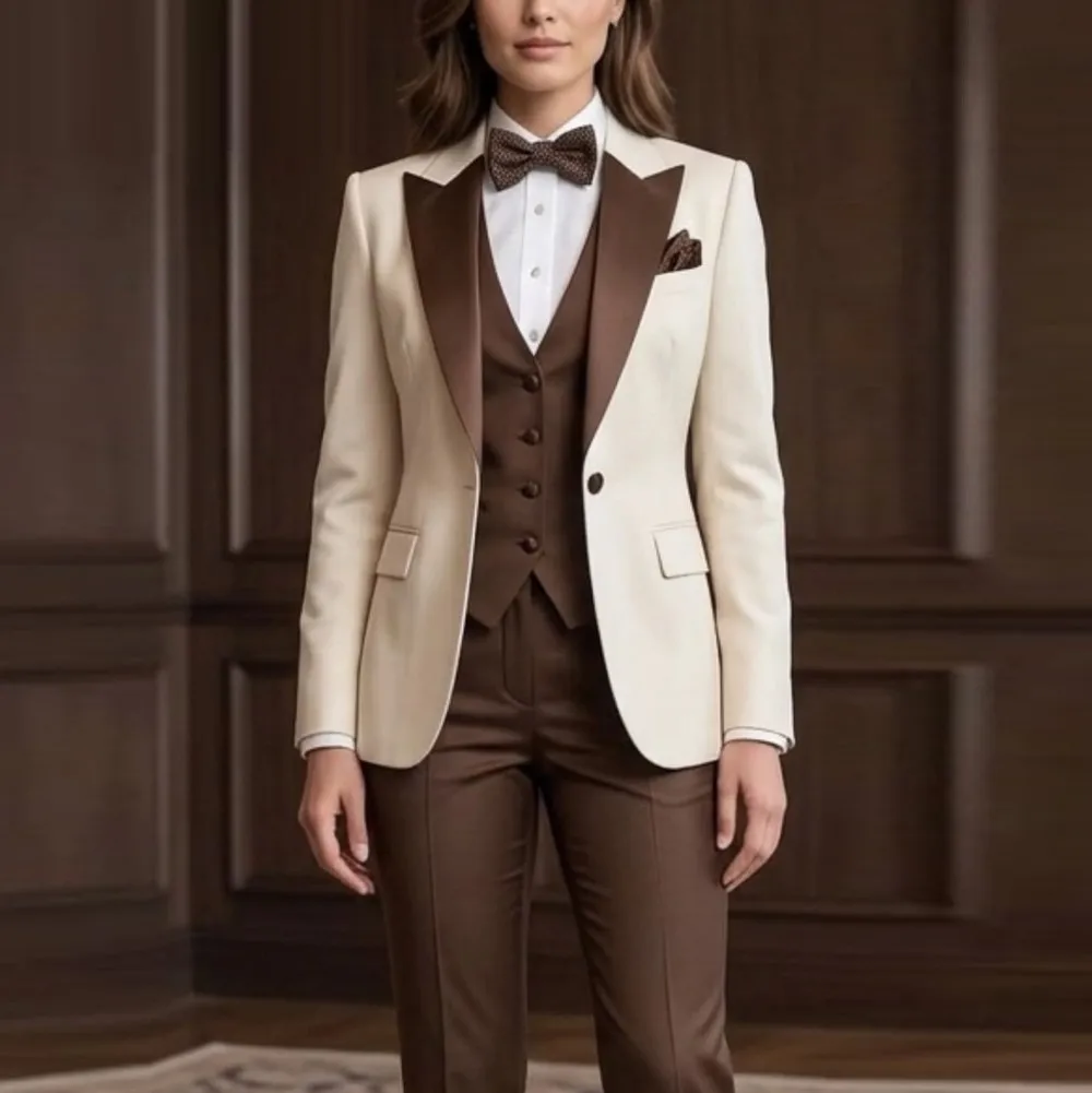 Dark Brown And White Formal Business Women Suit Wedding Party Prom Ladies Mother Tuxedos Costume 3 Piece Set Blazer Vest Pant