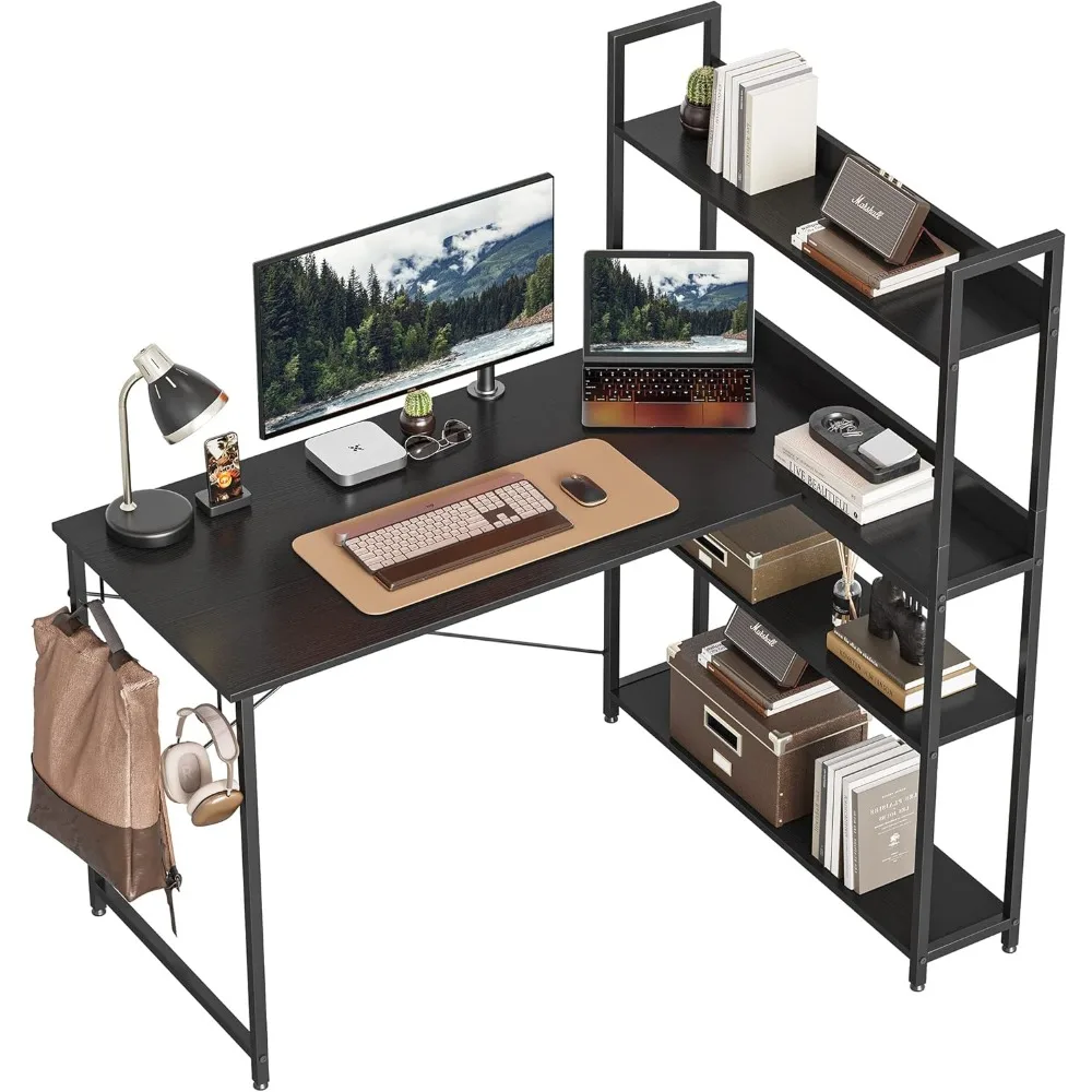 

Computer Corner Desk with Storage Shelves, 47 Inch Reversible Small L Shaped Computer Desk, Home Office Writing Desk with 2 Hoo