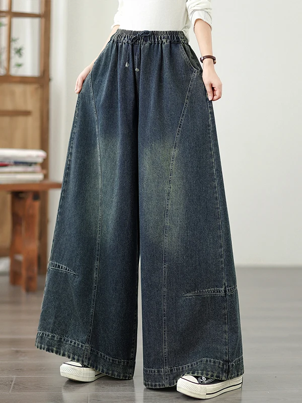 Retro Embroidered Wide Leg Jeans Women's Spring New Elastic Waist Loose Slimming Large Size Casual Straight Leg Pants