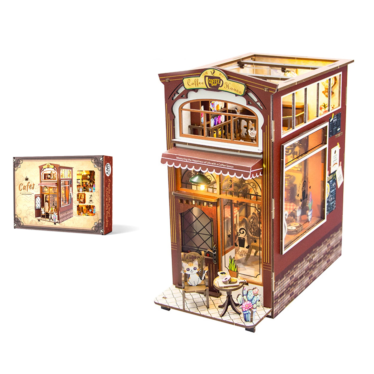 New Book Nook Kit DIY 3D Wooden Puzzles Dollhouse Bookshelf Insert Diorama Decor   Cafe Cat Cafe Personalized Assembled Bookends