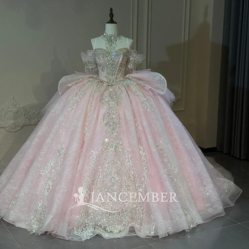 Gorgeous Blush Pink Ball Gown Customized Quinceanera Dresses Off Shoulder Ruffled Sleeves Choker vestidos de 15 quinceañera
