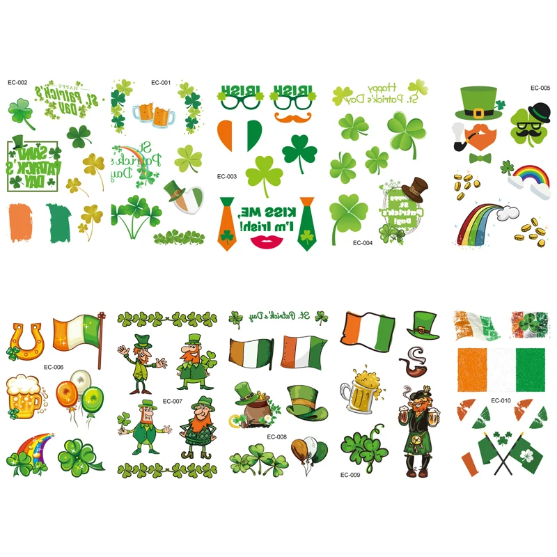 St Patrick' s Day Shamrock Leaf Skin Tattoo Sticker Temporary & Waterproof Irish St Patricks Day Party False Tattoo Clover Coin