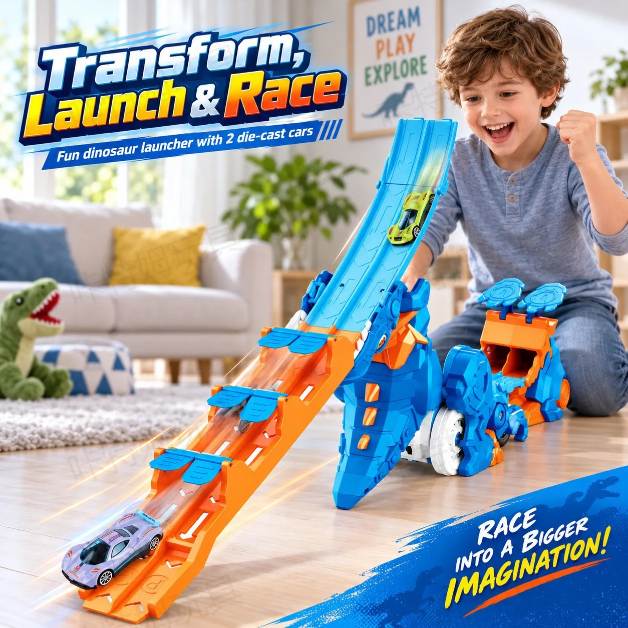 Dinosaur Theme Transform Racing Track Launcher Toy, Dual Lane Ramp Race Set With 2 Diecast Cars, Interactive Play Gift
