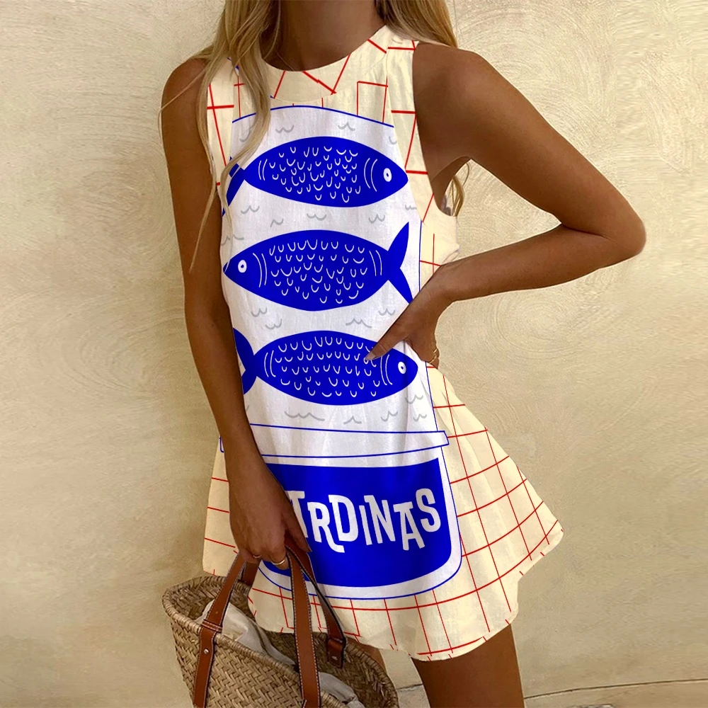 Sleeveless Sardines Printed Dress for Women, Casual Vacation Dress,High Quality Cotton, Luxury Beach Outfits Summer,Chic Party,