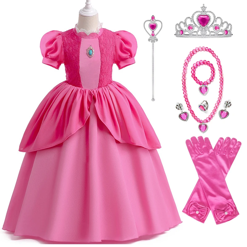 Girl Princess Dress Up Peach Princess Party Costume Short Sleeve Halloween Christmas Carnival Birthday Outfit Kids Girl Clothing