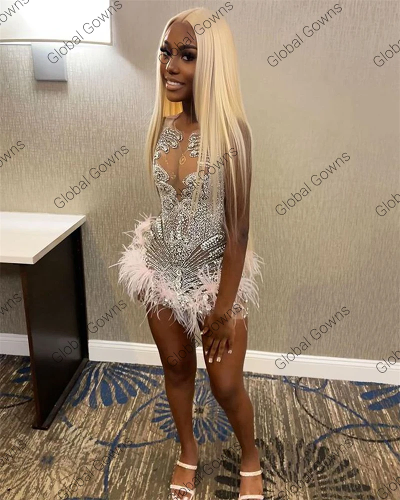 Pink Short Prom Dress Black Girls For 2024 Crystal Beaded Birthday Party Gown Feathers Mermaid Mini Abiti Cocktail Customized