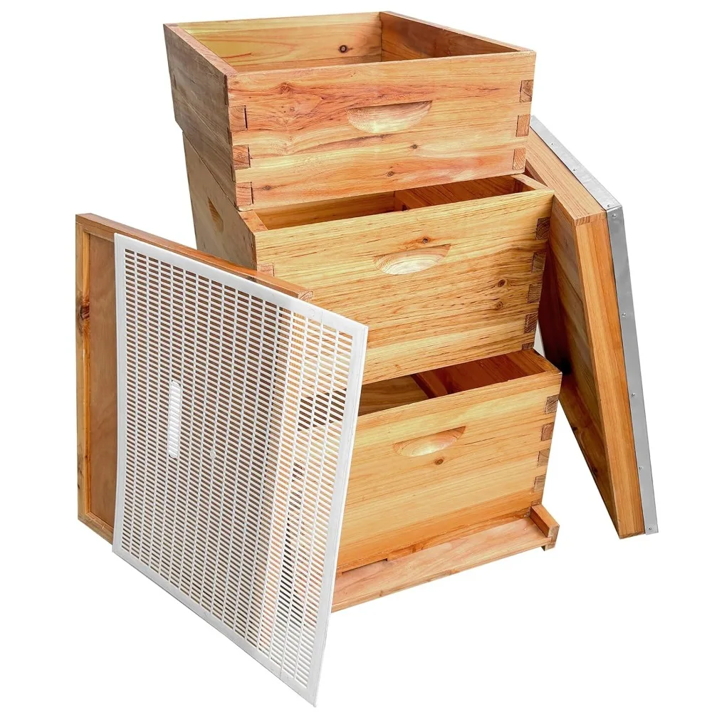 

3-Layer Bees Hive, Beehive Kit Langstroth Bees Hive Coated with 100% Beeswax, Includes 2 Deep Beees Boxes, 1 Medium Bee Hive