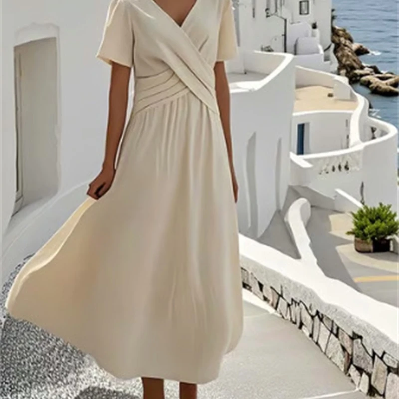 Lässiges, lockeres, gestreiftes Retro-Sommerkleid mit V-Ausschnitt, kurzen Ärmeln, plissiert, A-Linie, Maxi, Boho, Strandurlaub, Outfit für Damen und Teenager