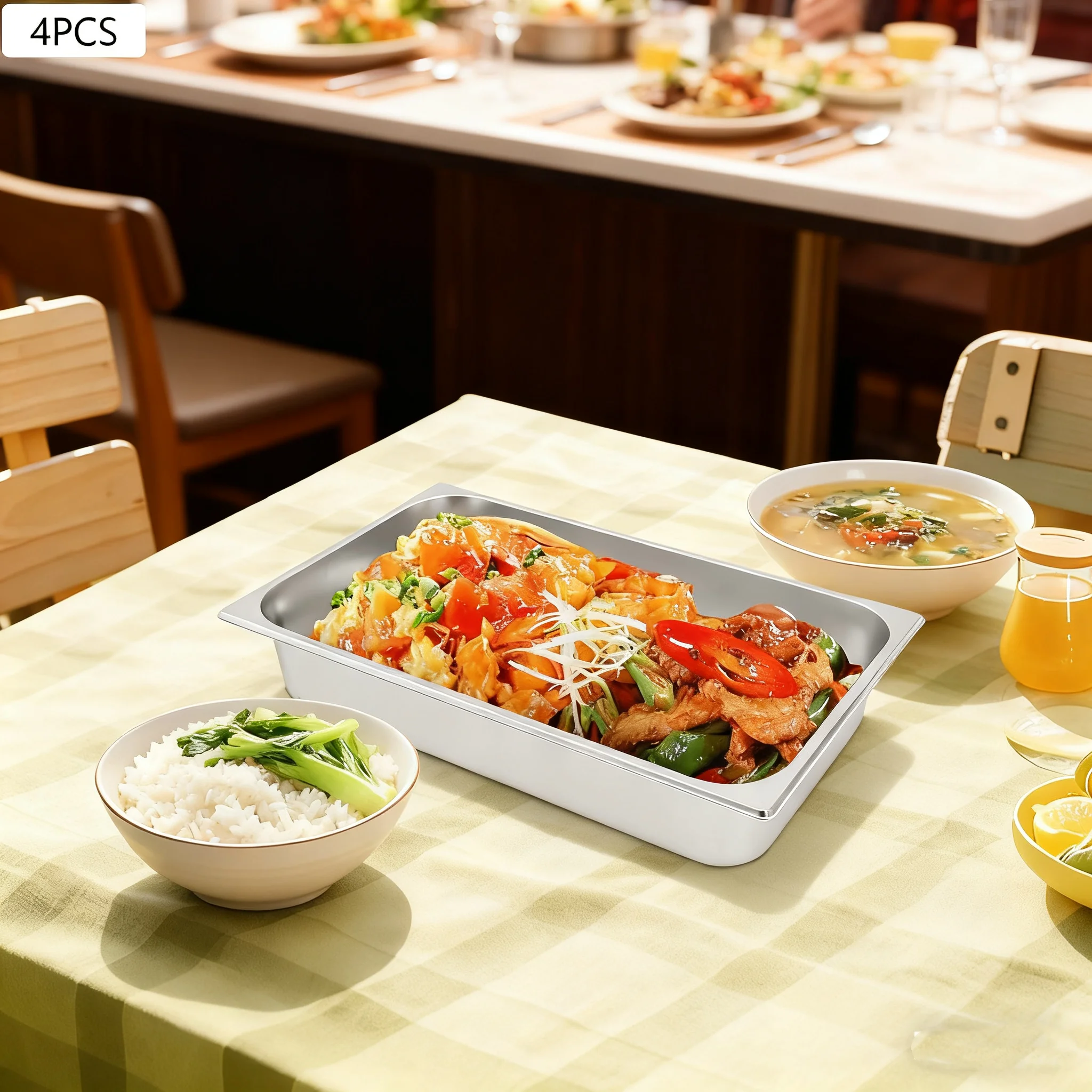 

4 шт. настольные сковороды из нержавеющей стали с герметичной крышкой, сковорода для еды, 7,5 л, коммерческая сковорода для хранения продуктов, тарелка с плоским дном для ресторана, дома