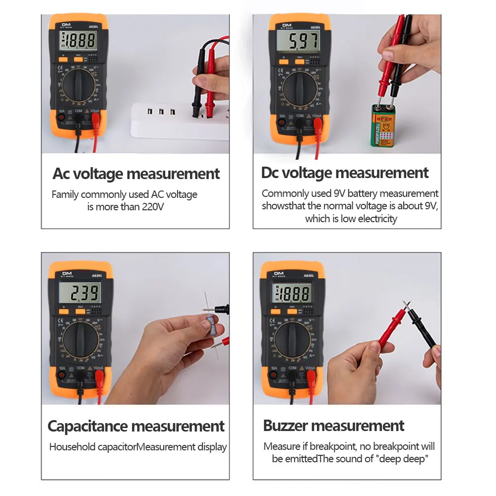 Imagem -05 - Multímetro Digital Lcd com Display Luminoso Tensão ac dc Diodo Frequência Multitester Tester Atual Função Buzzer A830l