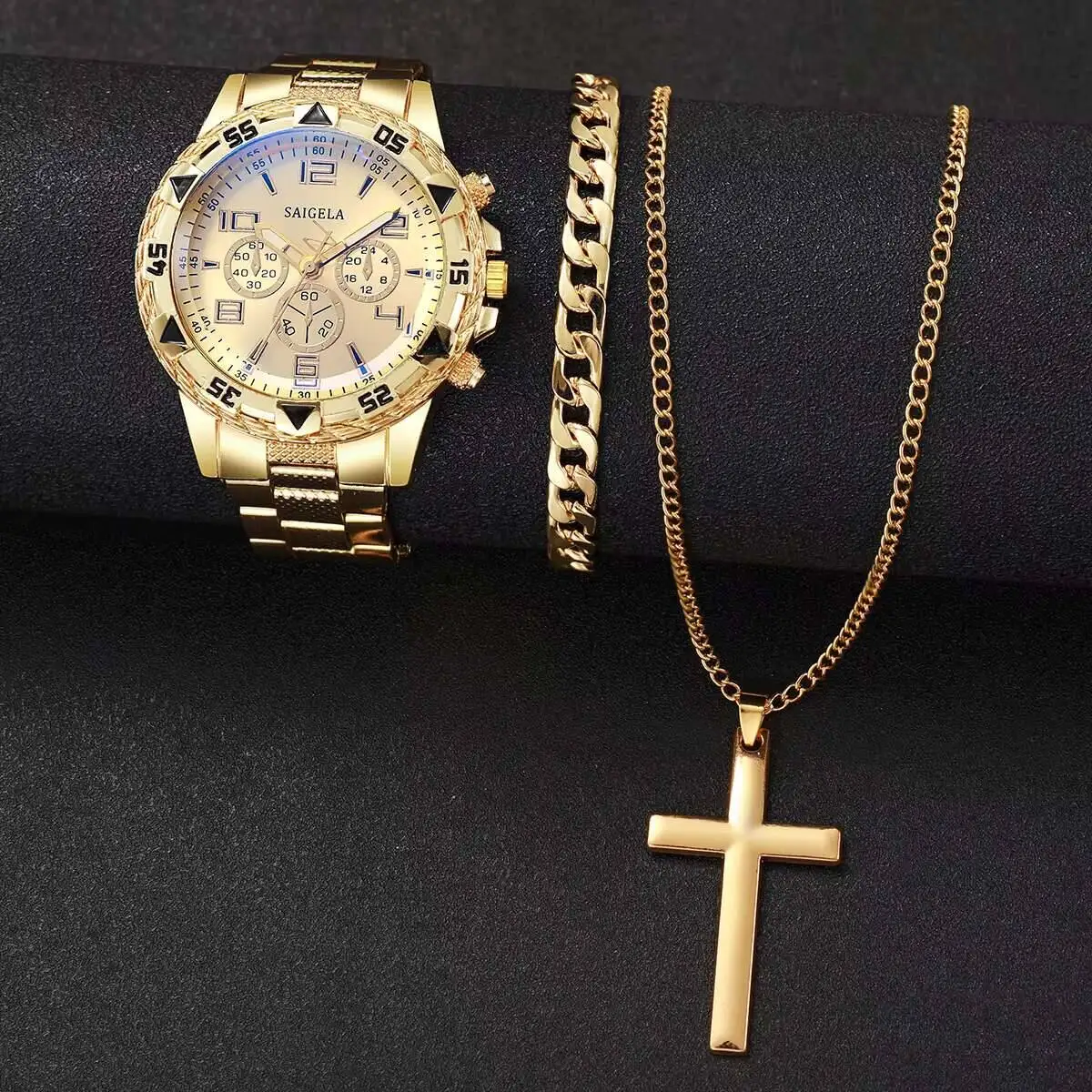 남성용 아날로그 쿼츠 시계 목걸이 팔찌 세트, 럭셔리 스틸 밴드, 비즈니스 패션, 박스 없음, 3 개