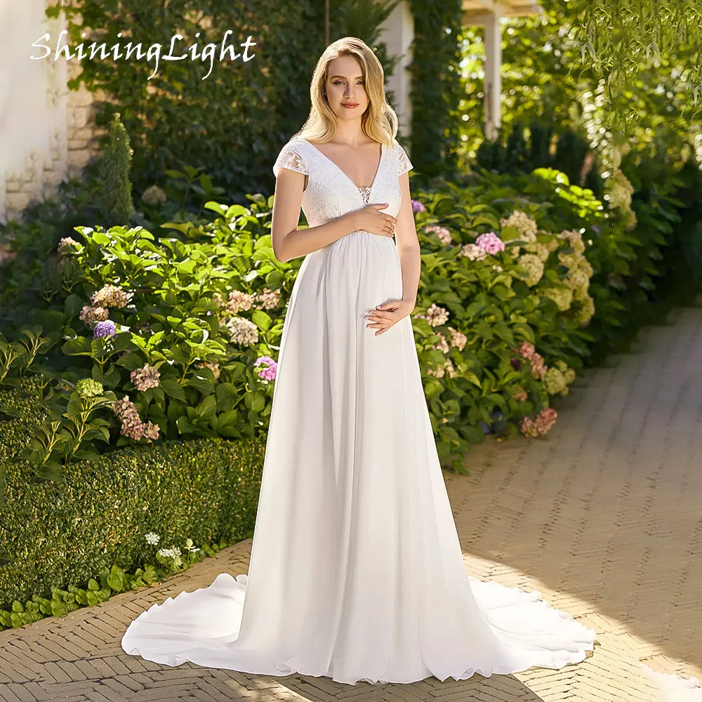 

ShiningLight Pregnant Women Boho Wedding Dress 2026 Cap Sleeves Chiffon V-Neck Sweep Train Lace Beach Bridal Gowns Customized