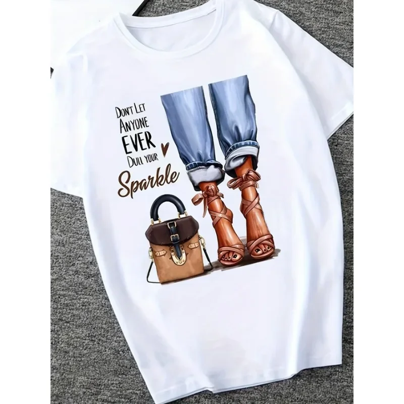 

Bag High Heels Patterned Casual T-shirt Women's Cartoon Printed Round Neck Short Sleeved Casual Sports Top Summer Clothing