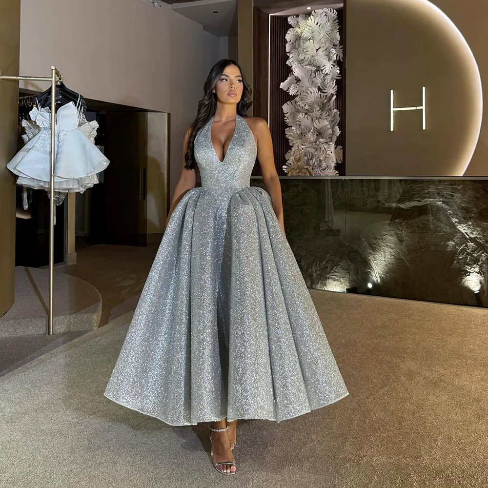 Shinning Silver A Line Evening Dresses 2025 Sequin Wedding Party Dress African Nigerian Prom Gowns Women Customized