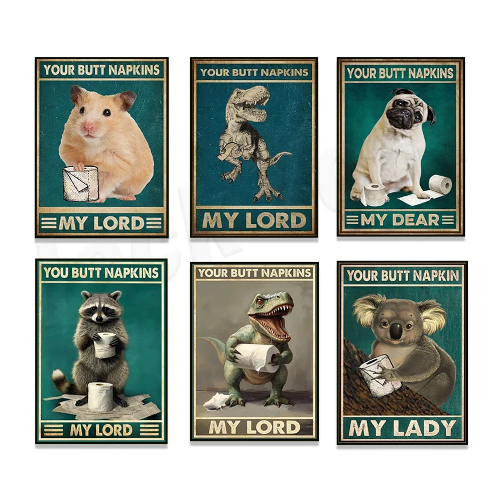 pug, koala, raccoon, guinea pig, dinosaur t-rex your ass napkin poster, bathroom wall art, funny bathroom signs, toilet decor