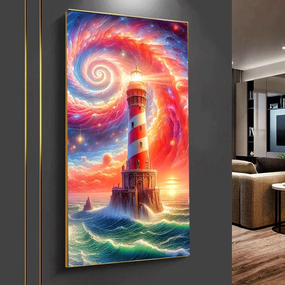 Fantasy Rainbow Lighthouse Large 5D Diy Diamond Painting Cross Stitch Kits Sea Huge Waves Diamond Mosaic Landscape Home Decor