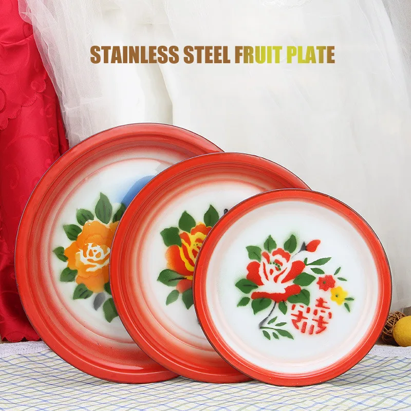 Ancient Chinese aristocratic tea tray household fruit tray pure handicraft enamel stainless steel tray vintage Ornaments