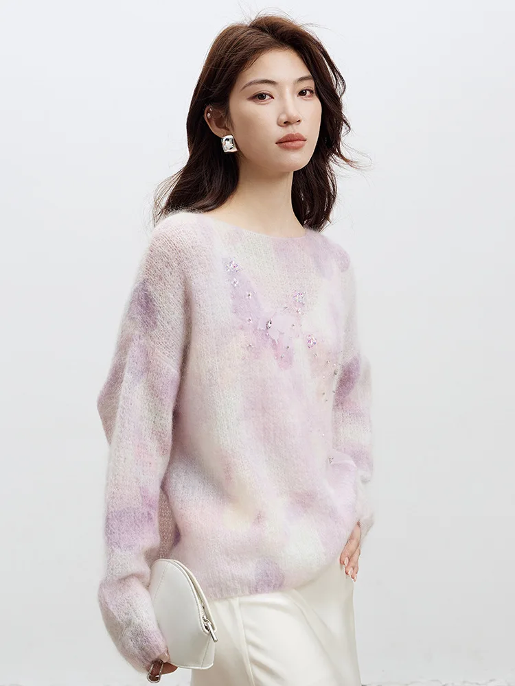 

Women Mohair Wool Sweater,Autumn New Soft Gradient Nail Beads Butterfly Loose Knitwear Tops