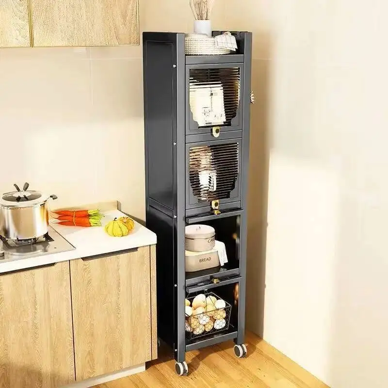 Carbon Steel Kitchen Cabinets Home Kitchen Furniture Floor Narrow Slot Racks Multi-layer Tableware Storage Cabinets with Doors m