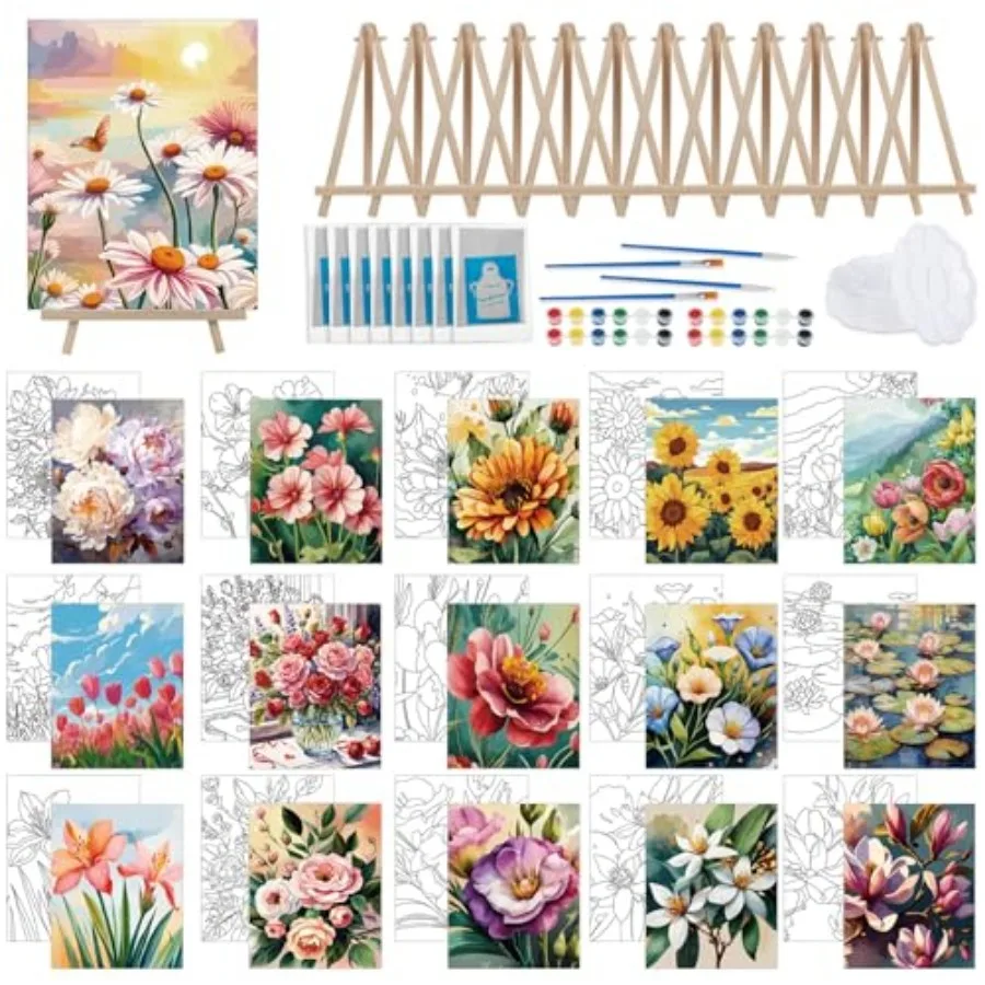 

16 Sets Pre Drawn Canvas to Paint for Sip and Paint Party 8 x 10 Inch Preprinted Framed Pre Sketched Coloring Canvas with Easel