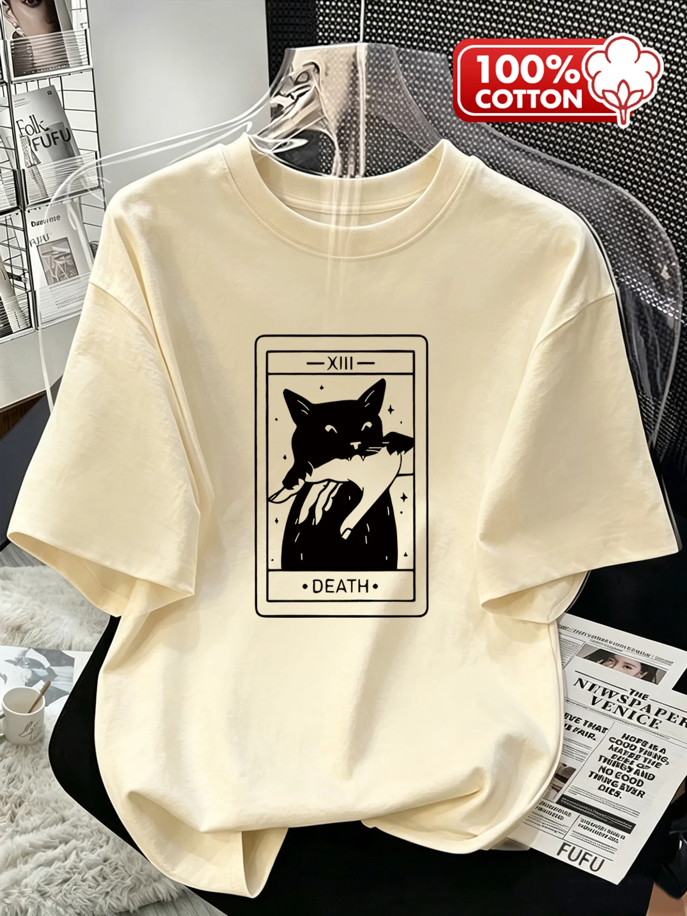 Tarot DEATH Black and White Cat Hug Rabbit Simple Pen Printed Women's T-shirt Dark Retro Casual Round Neck Top