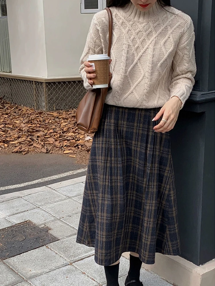 الرجعية منقوشة المرأة تنورة 2025 الخريف جديد عالية الخصر ألف خط التنانير موضة التنانير الطويلة غير رسمية #3