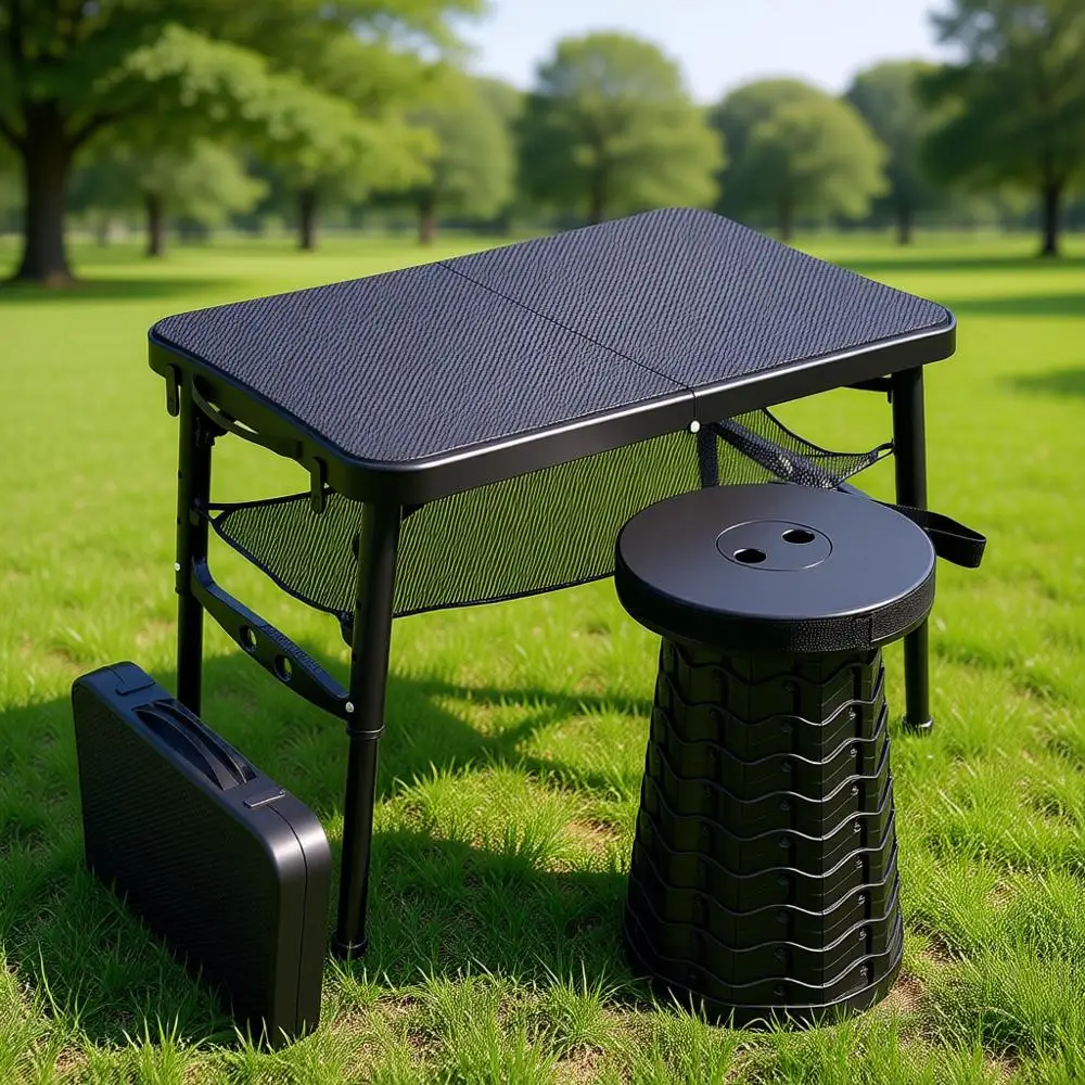 

Collapsible Portable Camping Table and Stool Set, Lightweight, Durable for Outdoor Picnics, Beach, Camping, and Laptop Desk Use