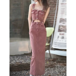 Summer Sexy Suspenders Denim Dress Women’s 2024 Sweet Pink Backless Hollow-out Design Sense Dresses Temperament Slit Long Skirt