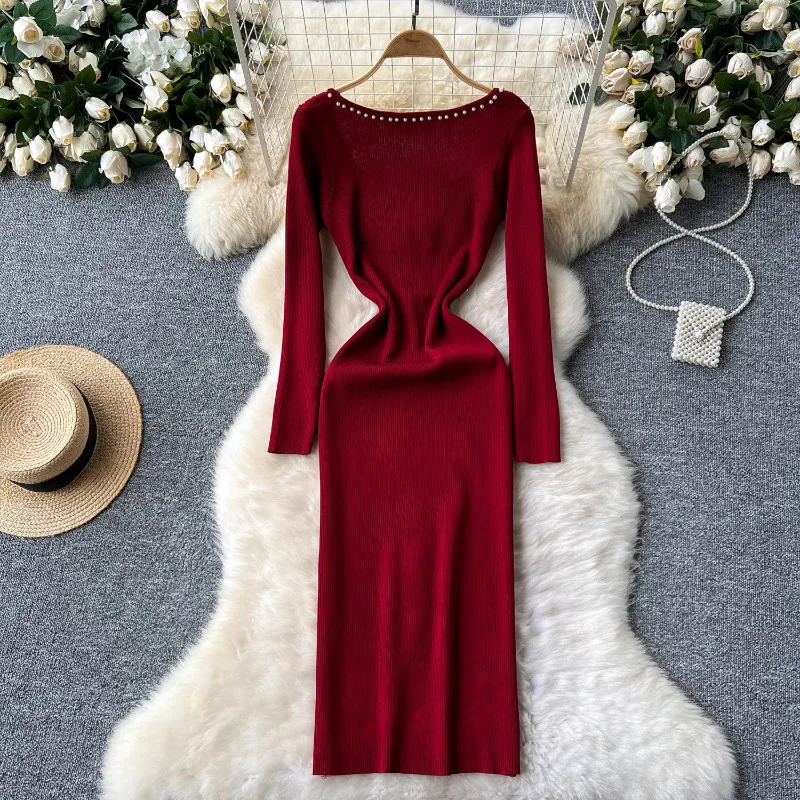 Neploe Heavy Beading Square Collar Dresses Autumn Winter Slim Waist Bodycon Dress for Women Y2k Long Sleeve Vestido Feminino