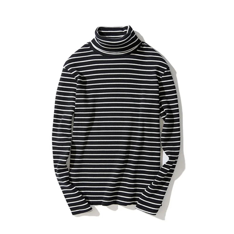 Spring Men\'s Retro Striped Turtleneck T-shirts Long Sleeve Loose Pullover T-shirt Base Tee Tops Man Clothing