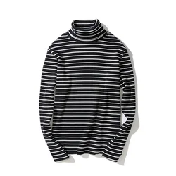 Spring Men's Retro Striped Turtleneck T-shirts Long Sleeve Loose Pullover T-shirt Base Tee Tops Man Clothing