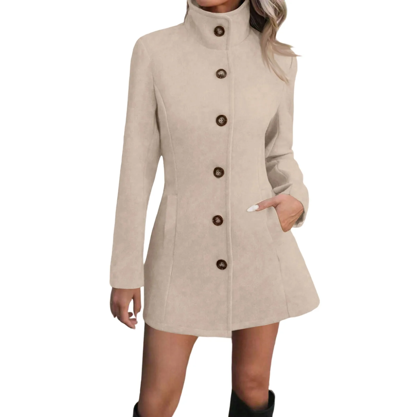 

Women's Autumn Winter Turtleneck Woolen Coat Fashionable Casual Commuter Wool Overcoat Slim Single-Breasted Pocket Trench Coat