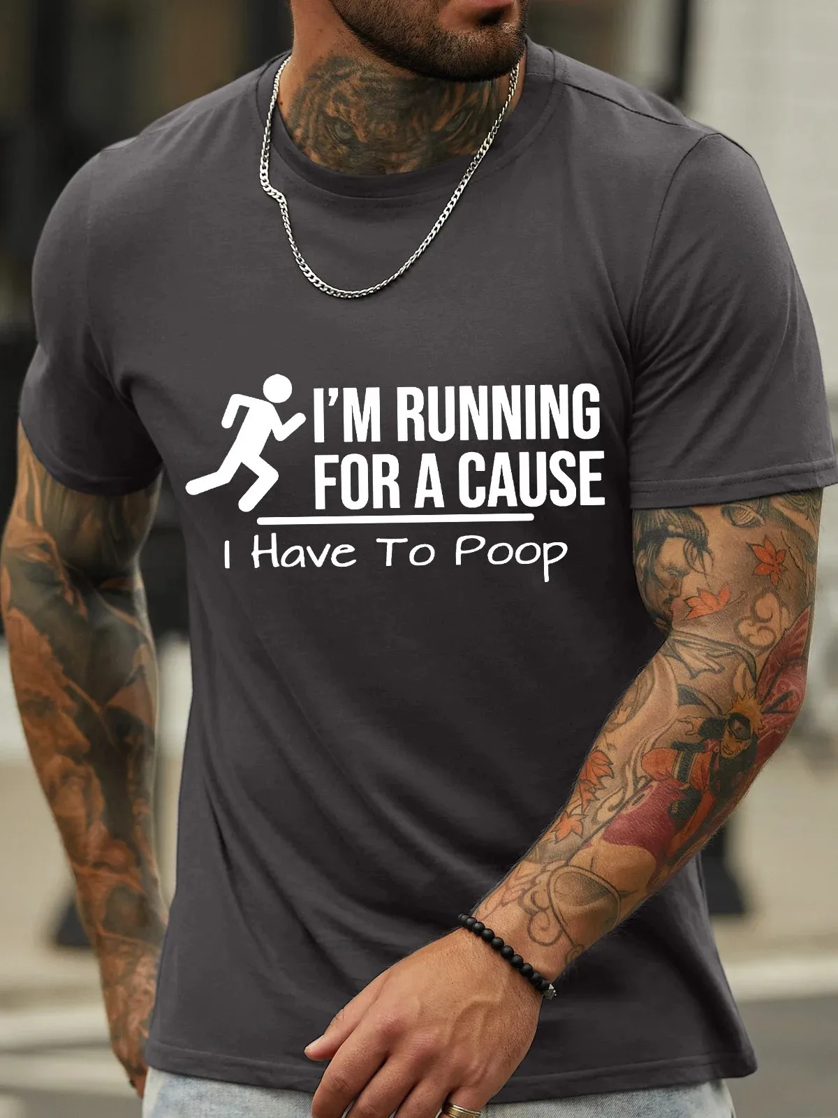 Men’s I’m Running For A Cause I Have To Poop Text Letters Crew Neck Cotton Casual T-Shirt Family Leisure letter T Shirts