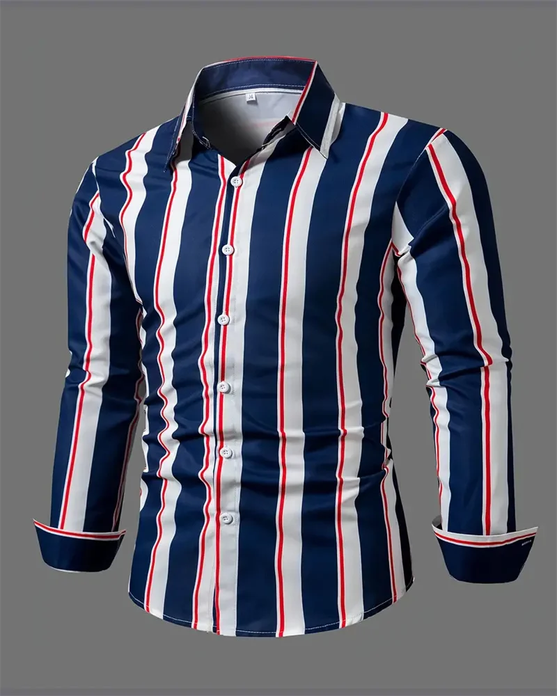 Men\'s Fashion Loose Striped Pattern Shirt, Casual Breathable Lapel Button Long Sleeve Shirt Top Comfortable Soft Fabric 6XL