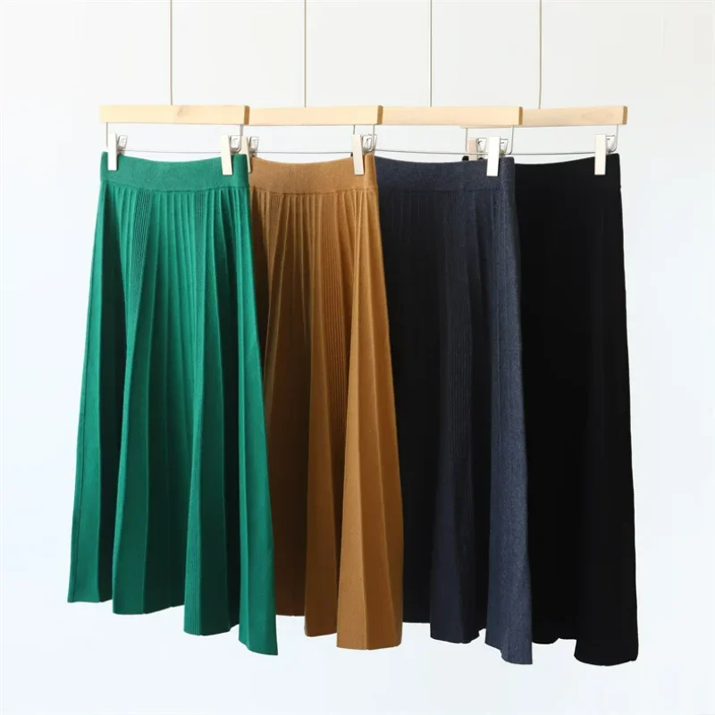 Autumn Women Wool Pleated Skirts Knitted Long Skirt Mid-length Winter Elegant High Waist Woolen A-line Umbrella Bust Skort Woman