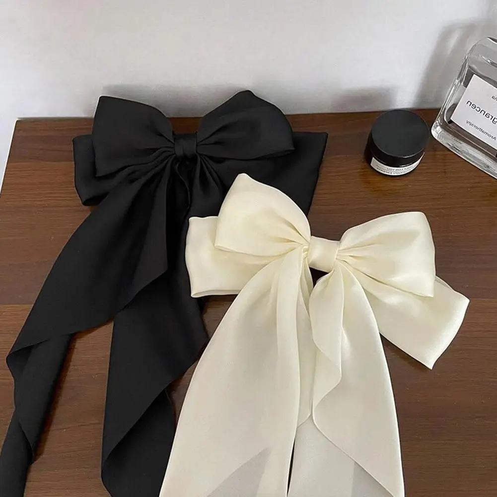 Elegant Bow Ribbon Hair Clip Fashion Simple Solid Satin Spring Clip Hair Pin Retro Headband With Clips Girls Hair Accessories