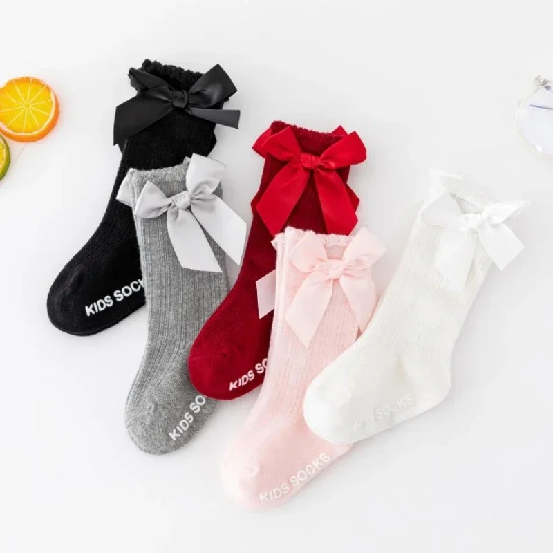 Spring Autumn Children Baby Girls Boys Big Bow Knee High Socks Princess Home Mid Calf Sock Kids Toddler Floor Non-slip Stockings