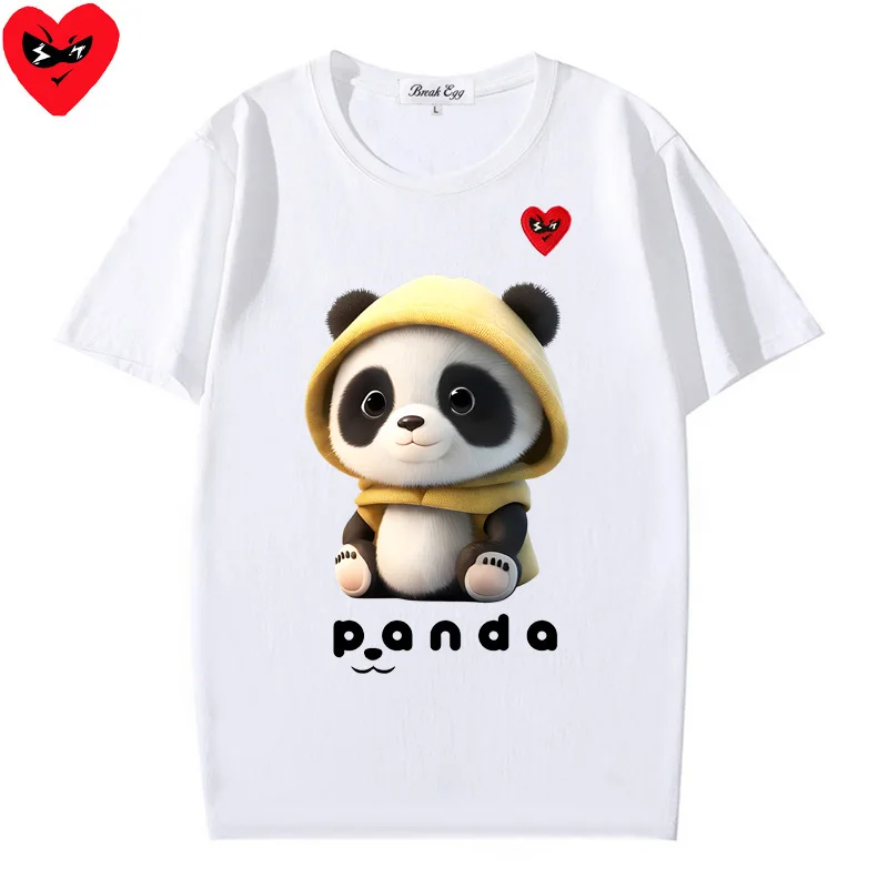 Panda with Hat Cartoon Printing Men Women T-shirt Red Glasses Heart Embroidery Cotton O-neck Short-sleeved Straight T-shirt