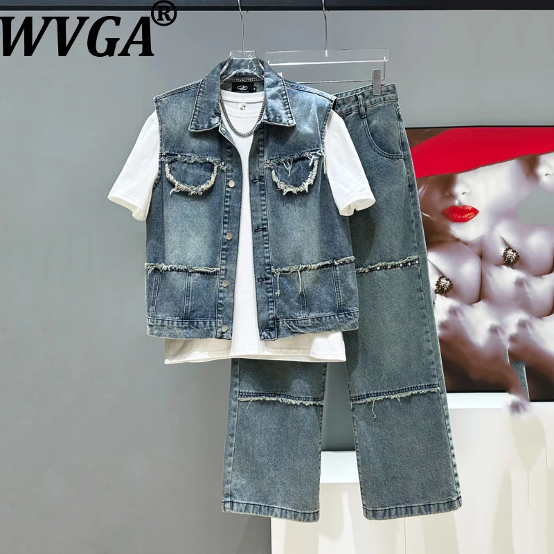 

WVGA HKSH Spring Autumn New Men's Tide High Street Original Design Retro Frayed Denim Vest Loose Chic Casual Pants Set Ins W7036