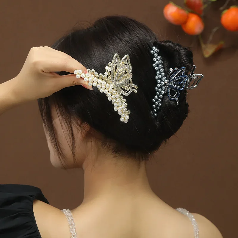 

Flower Shape Full Pearls Hair Claw Clip Fashionable Crystal Butterfly Clip High-end Personalized Shark Clip Large-size