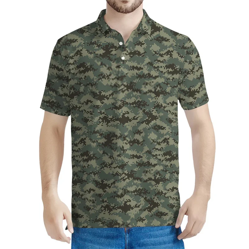 Fashion Camo Pattern Polo Shirts Men 3D Printed Camouflage Tees Outdoor Sports Button Polo Shirt Loose Lapel Short Sleeves