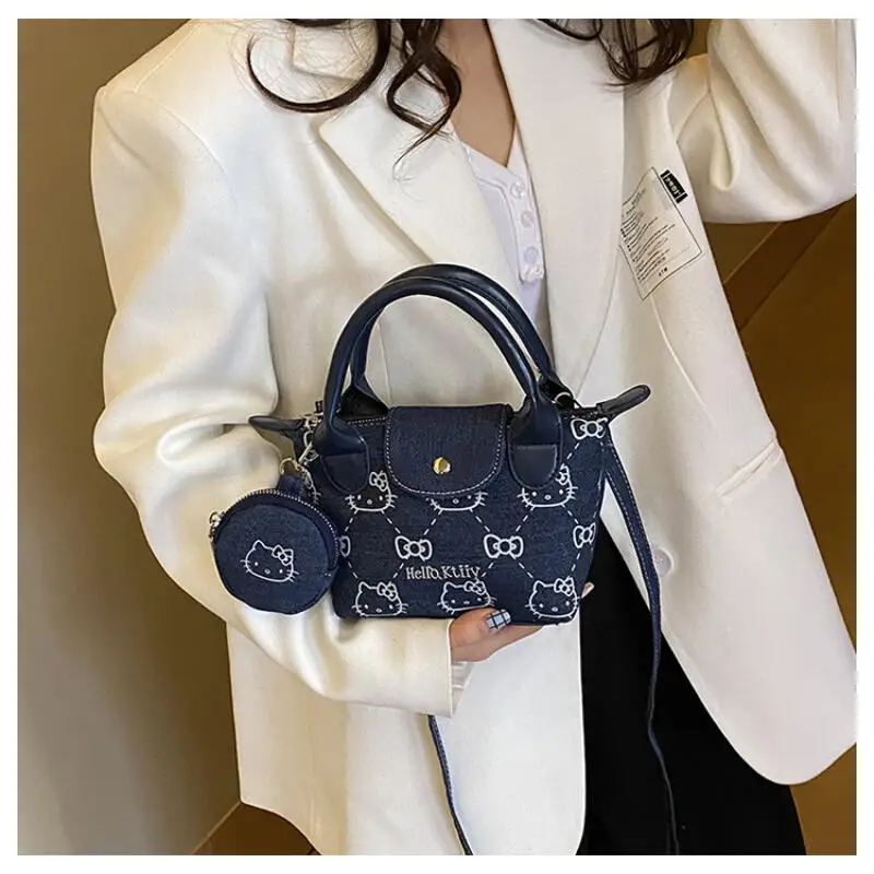 

Cute cartoon character Hello Kitty denim cloth bag portable Japanese versatile crossbody bag Kawaii shoulder bag Holiday gift