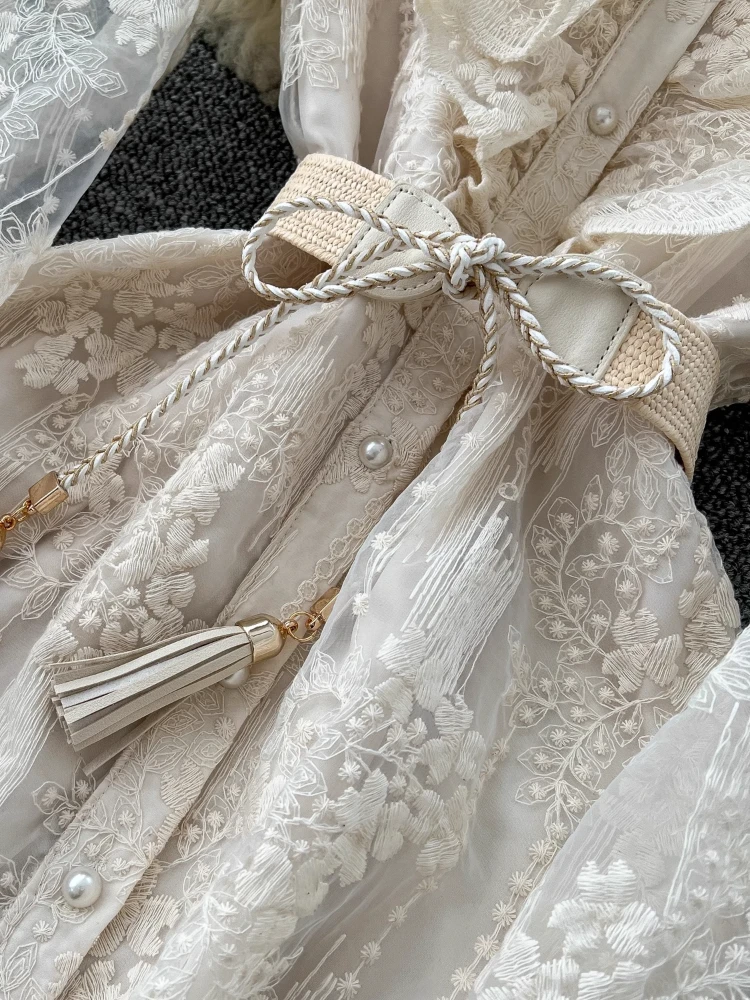 France Elegant Vintage High End Evening Dress Women Embroidery Sashes Luxury Long Party Dress Female Casual Fit Chic Clothing